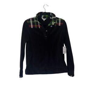 crown & ivy Black Fleece Jacket with Plaid Accents